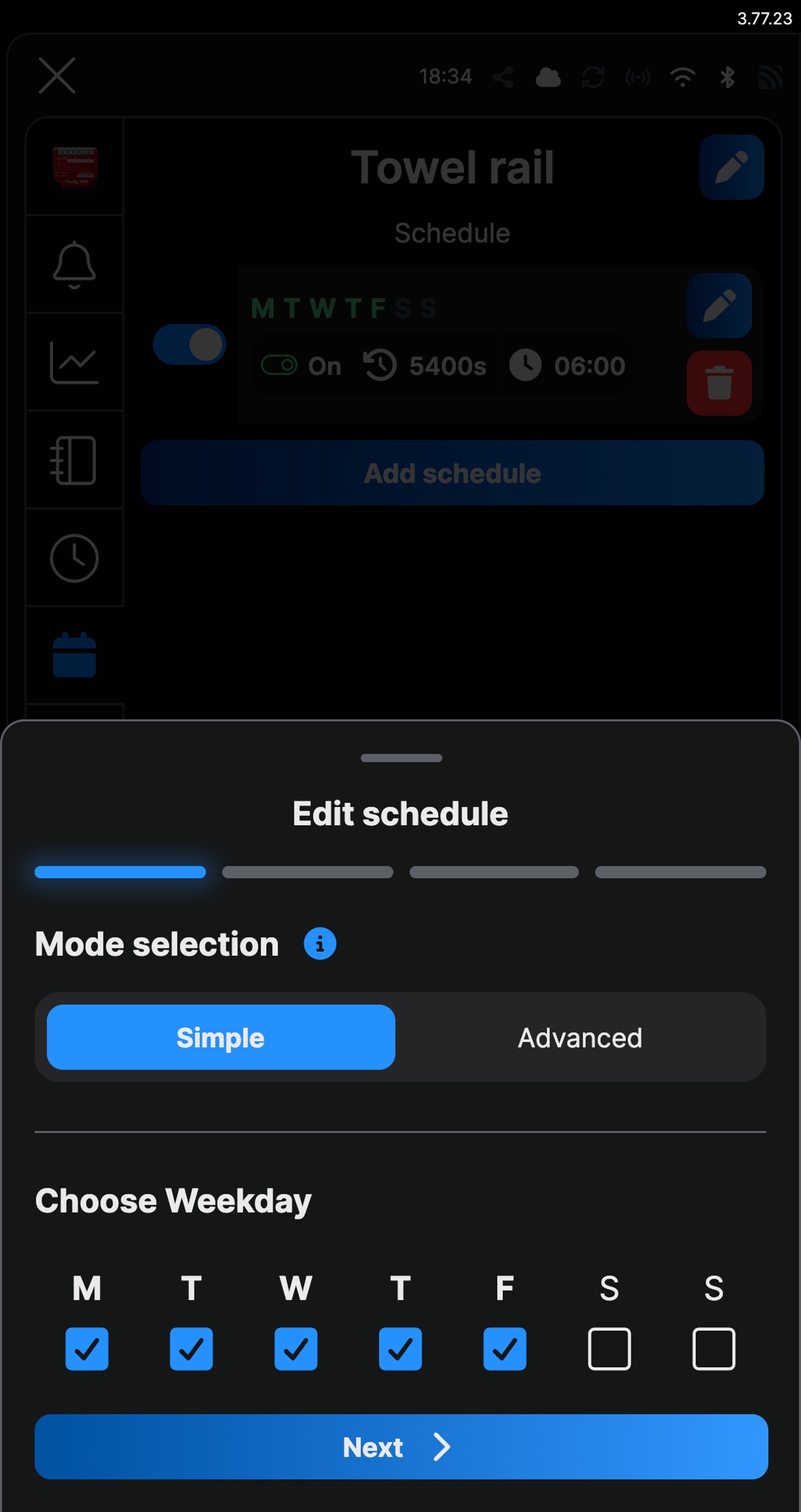 Shelly app schedule screen for a device named Towel rail, with Monday to Friday ticked under Choose Weekday.