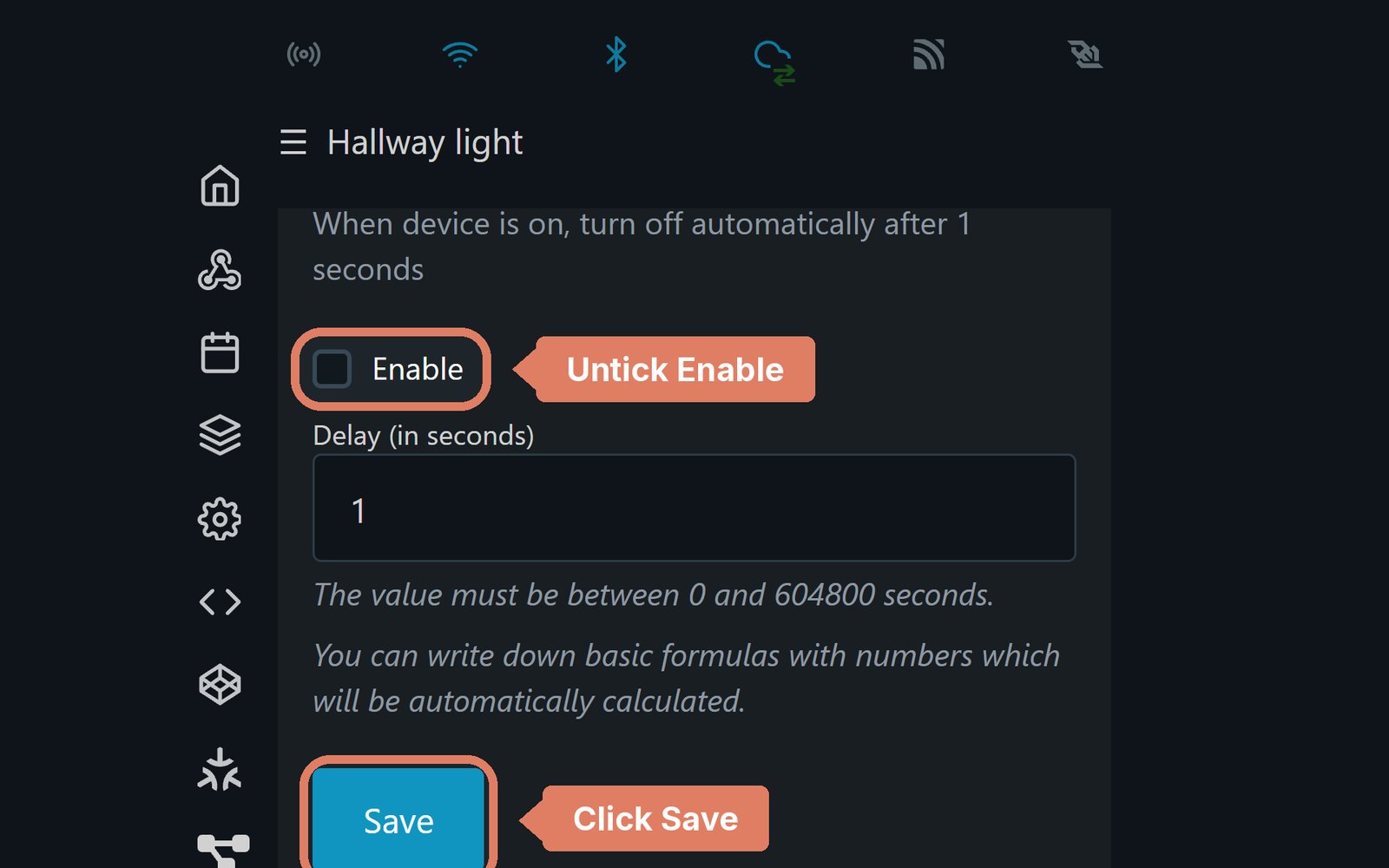 The Shelly web page's Auto OFF timer, with Enable unticked and Save marked