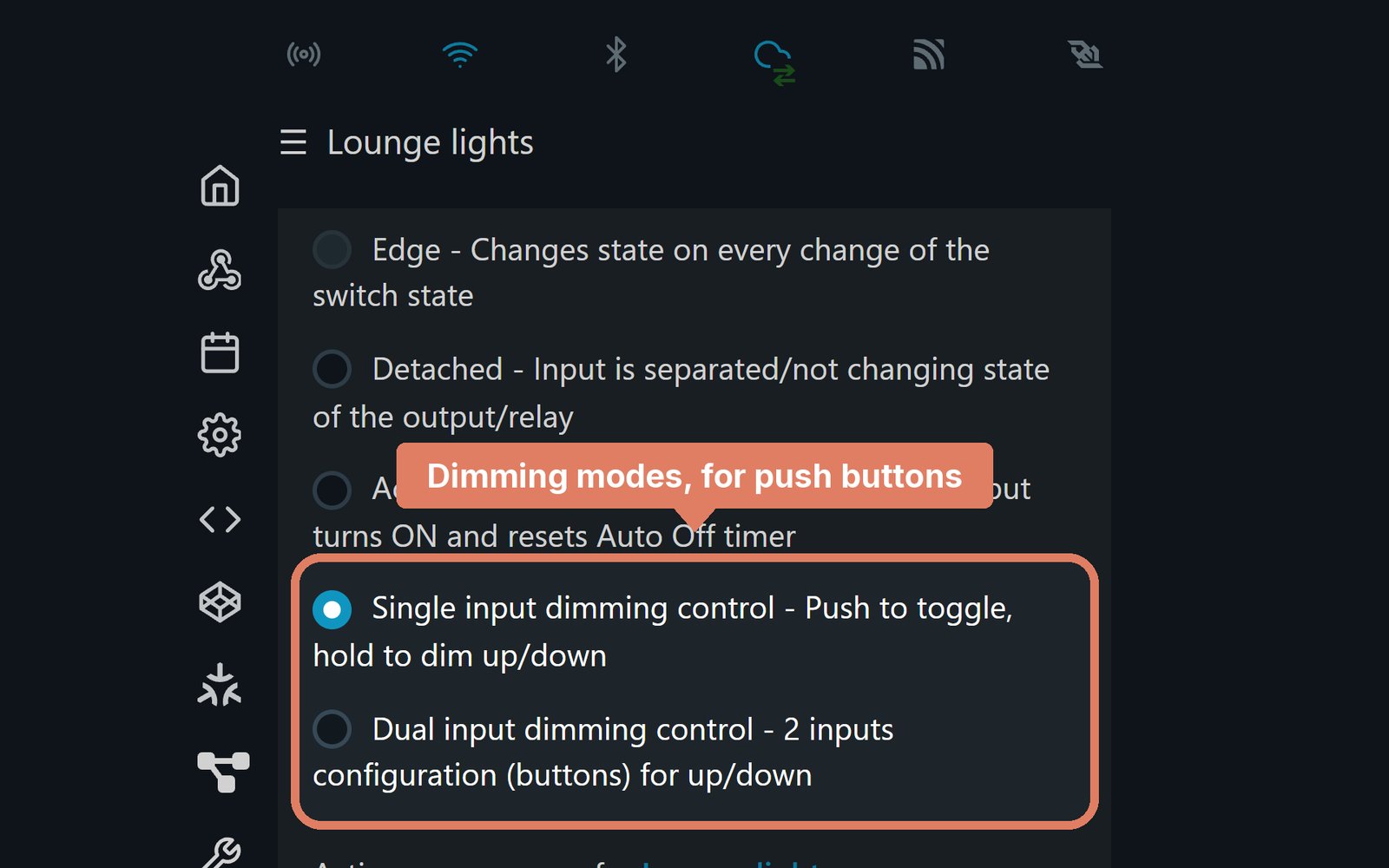 The Shelly Dimmer Gen4 web page's Input/Output settings, with Single and Dual input dimming control marked
