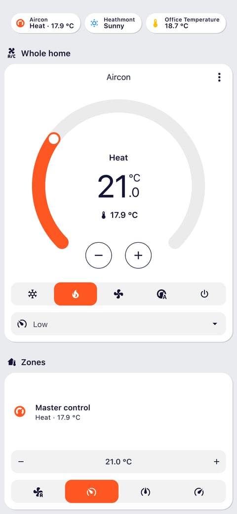 Home Assistant aircon lab dashboard running the Graphite theme (Light), on a phone