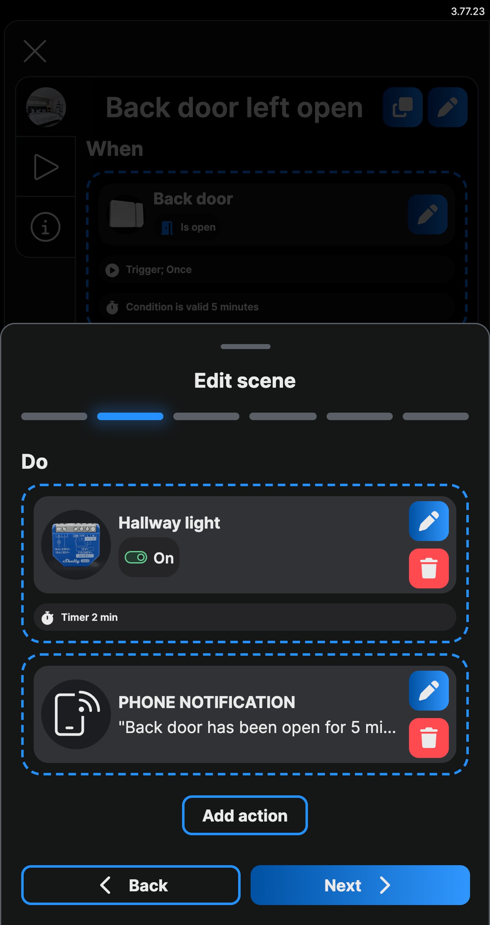 Shelly app scene actions: Hallway light on with a 2 minute timer, and a phone notification reading Back door has been open for 5 minutes