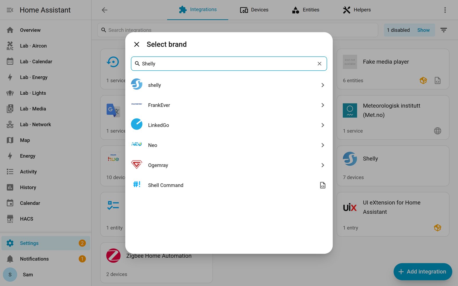 Home Assistant Select brand dialog with Shelly typed in the search box and the Shelly integration first in the list