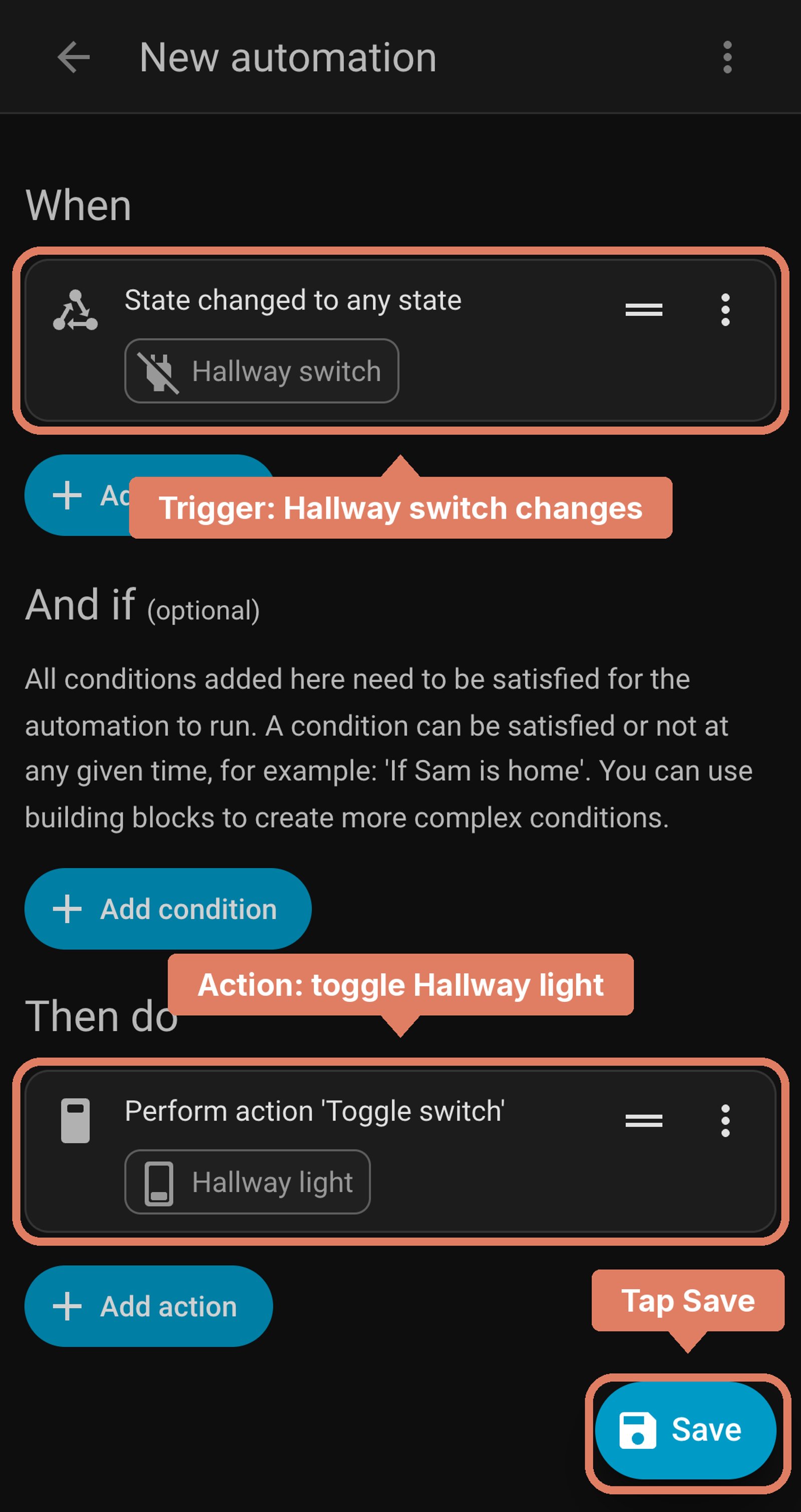 Home Assistant new automation before saving: when Hallway switch changes state, toggle Hallway light, with Save marked.
