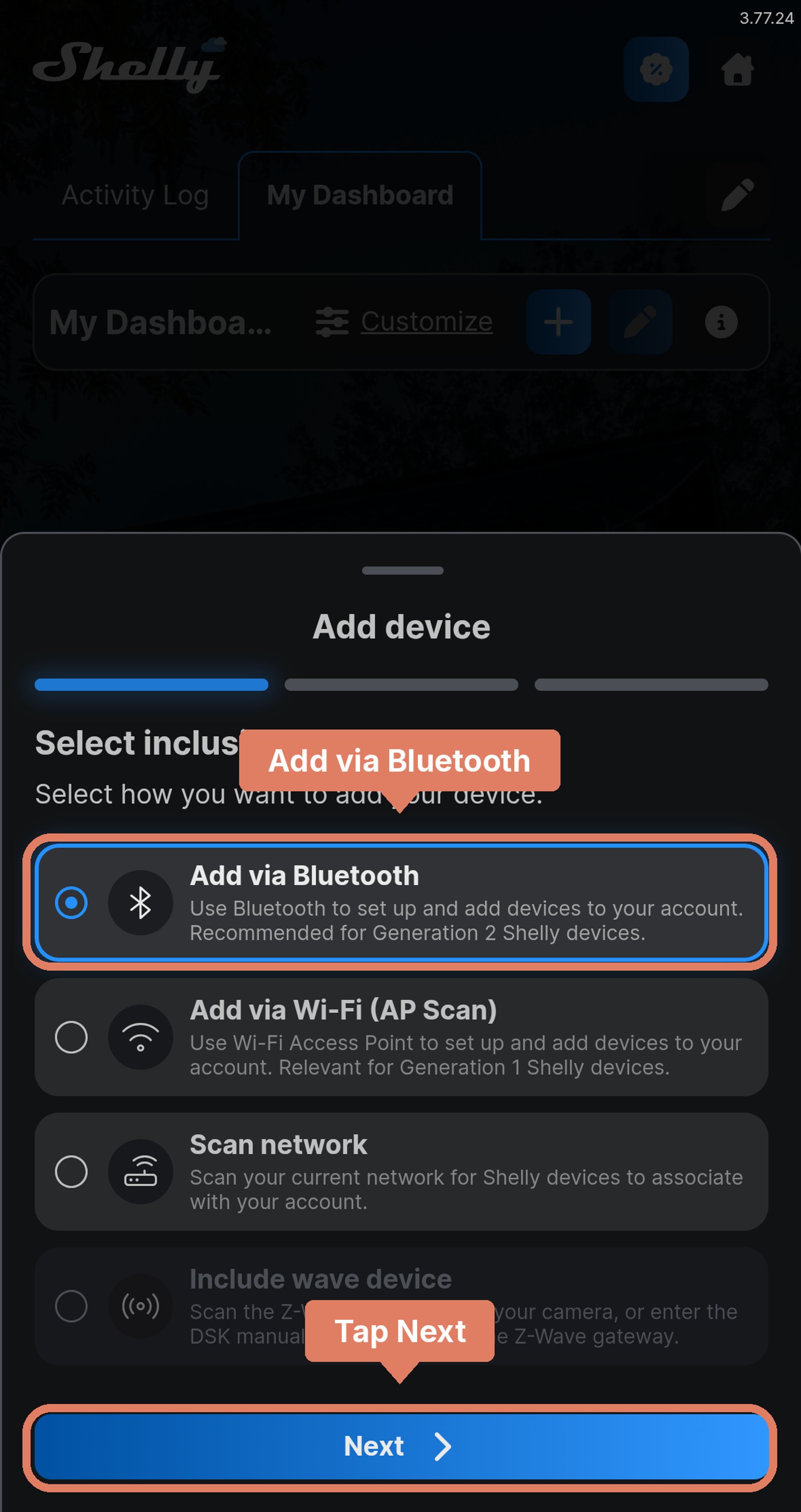 Shelly app Add device sheet with Add via Bluetooth labelled and Next marked.