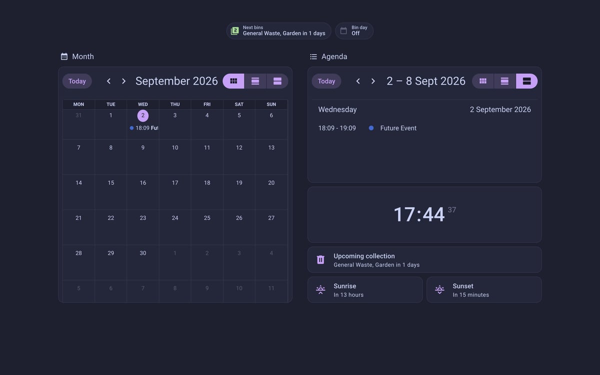 Home Assistant calendar lab dashboard running the Catppuccin theme (Macchiato), on desktop