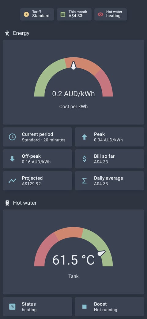 Home Assistant energy lab dashboard running the Nordic theme (Dark), on a phone