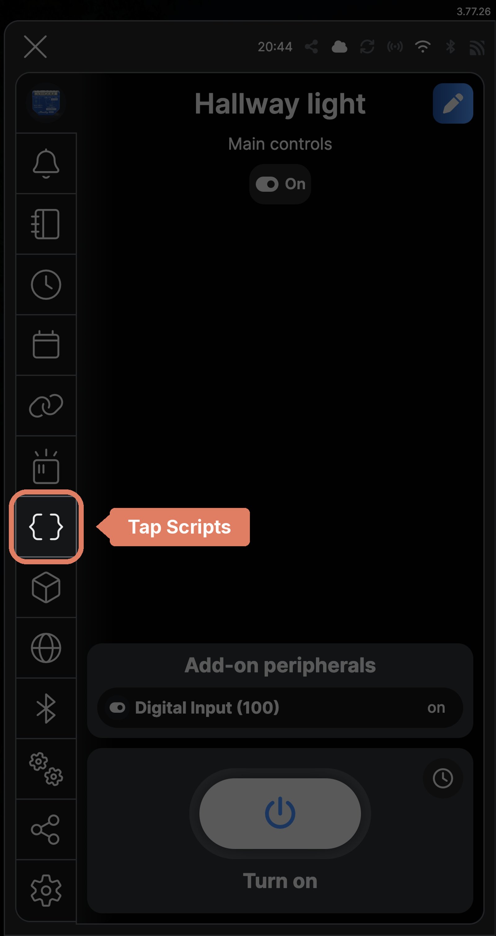 Shelly Smart Control device page for a Shelly 1 Gen4, with the Scripts icon marked in the menu down the left
