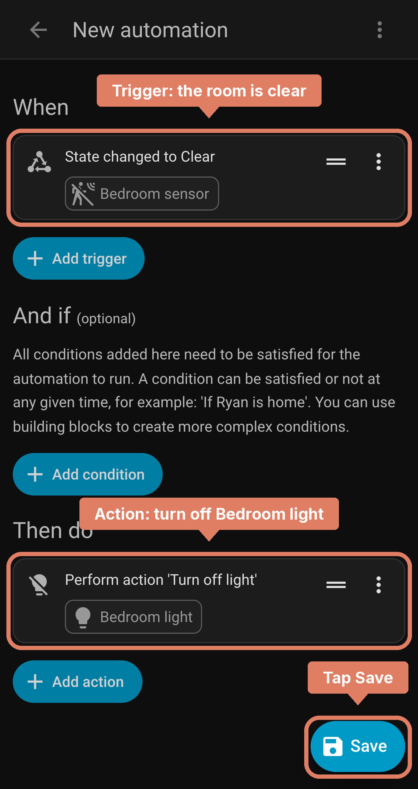 Home Assistant new automation before saving: when Bedroom sensor changes to clear, turn off Bedroom light, with each part labelled and Save marked.