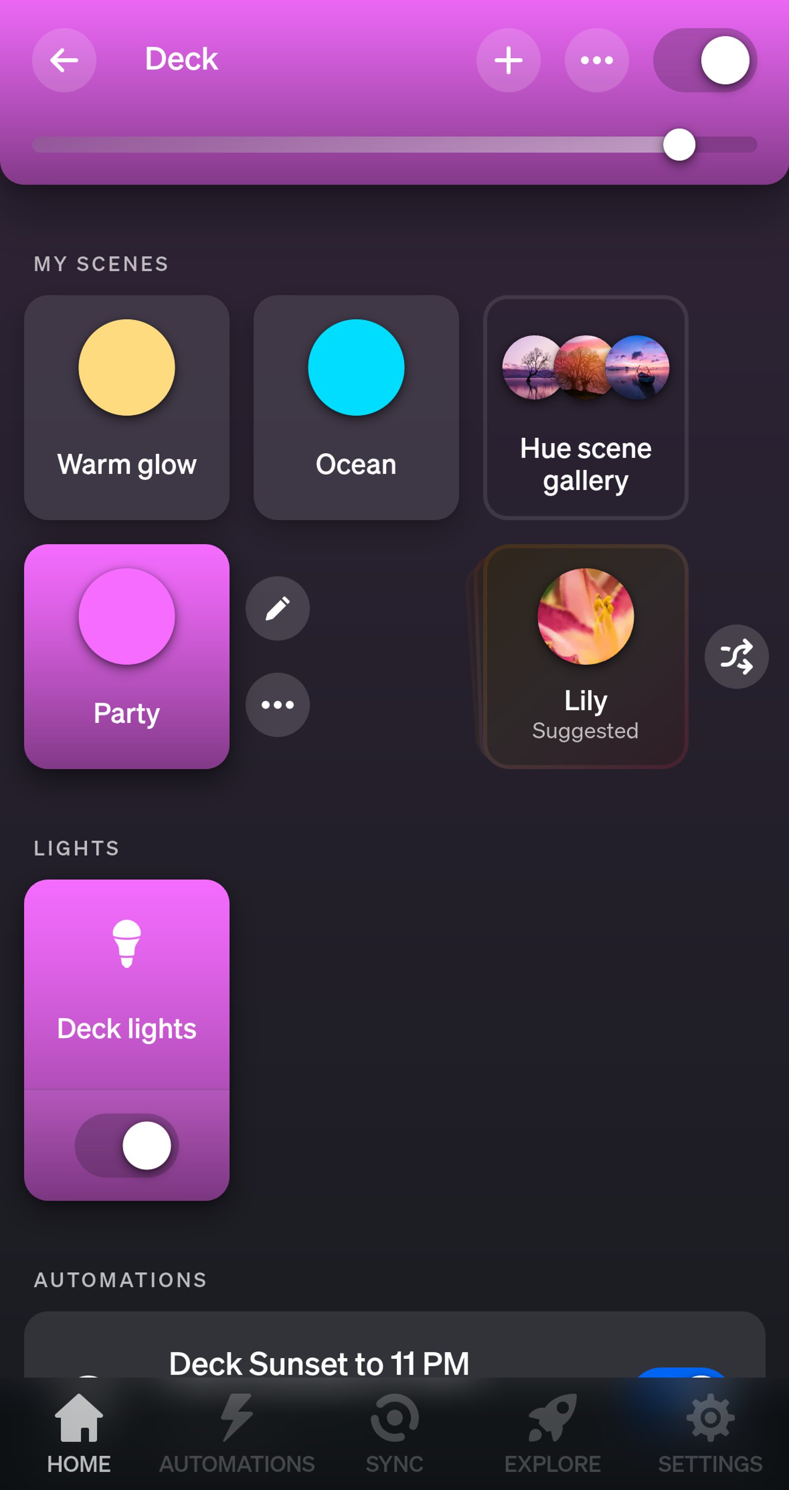 Philips Hue app Deck room page with the Warm glow, Ocean and Party scenes and a light named Deck lights.