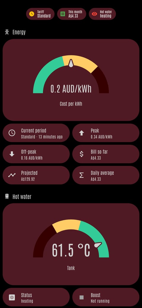 Home Assistant energy lab dashboard running the LCARS theme (Cardassia), on a phone