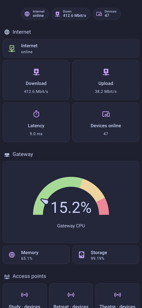 Home Assistant network lab dashboard running the Catppuccin theme (Macchiato), on a phone