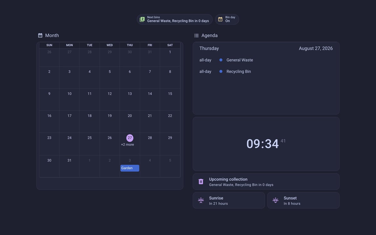 Home Assistant calendar lab dashboard running the Catppuccin theme (Macchiato), on desktop