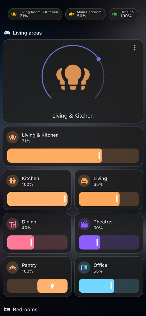 Home Assistant lights lab dashboard running the Frosted Glass theme (Dark), on a phone