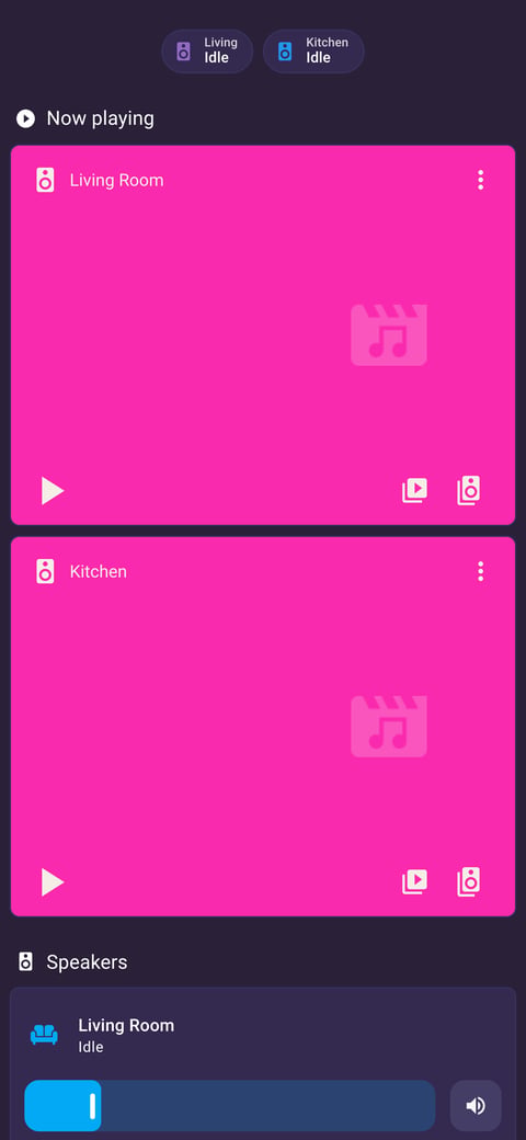 Home Assistant media lab dashboard running the Synthwave theme (Dark), on a phone
