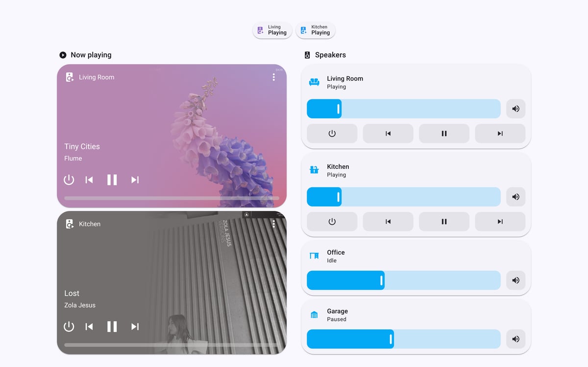 Home Assistant media lab dashboard running the Material You theme (Light), on desktop