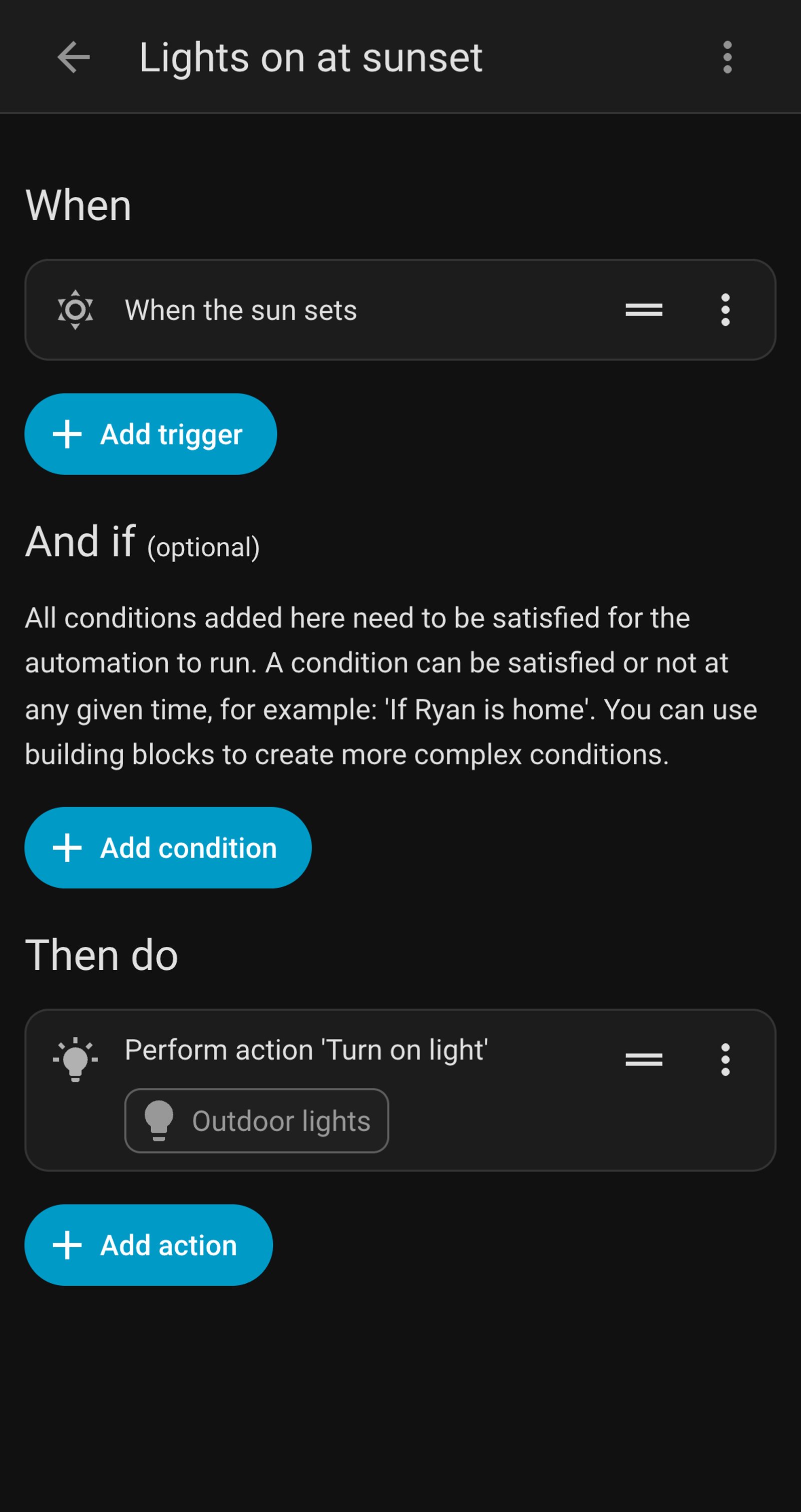 Home Assistant automation Lights on at sunset, triggered when the sun sets and turning on Outdoor lights.