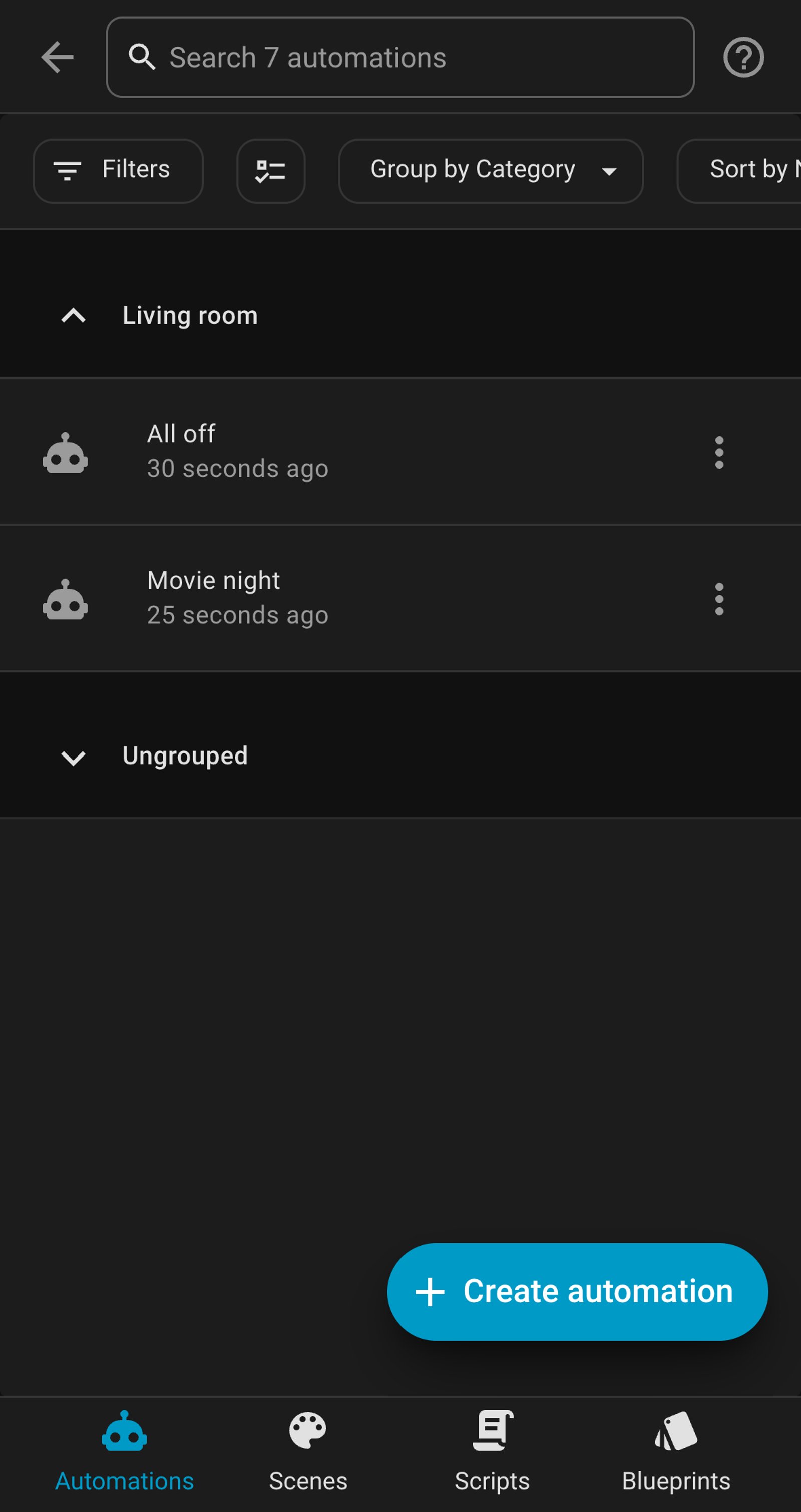 Home Assistant automations list showing All off and Movie night in a Living room group, each run seconds ago.