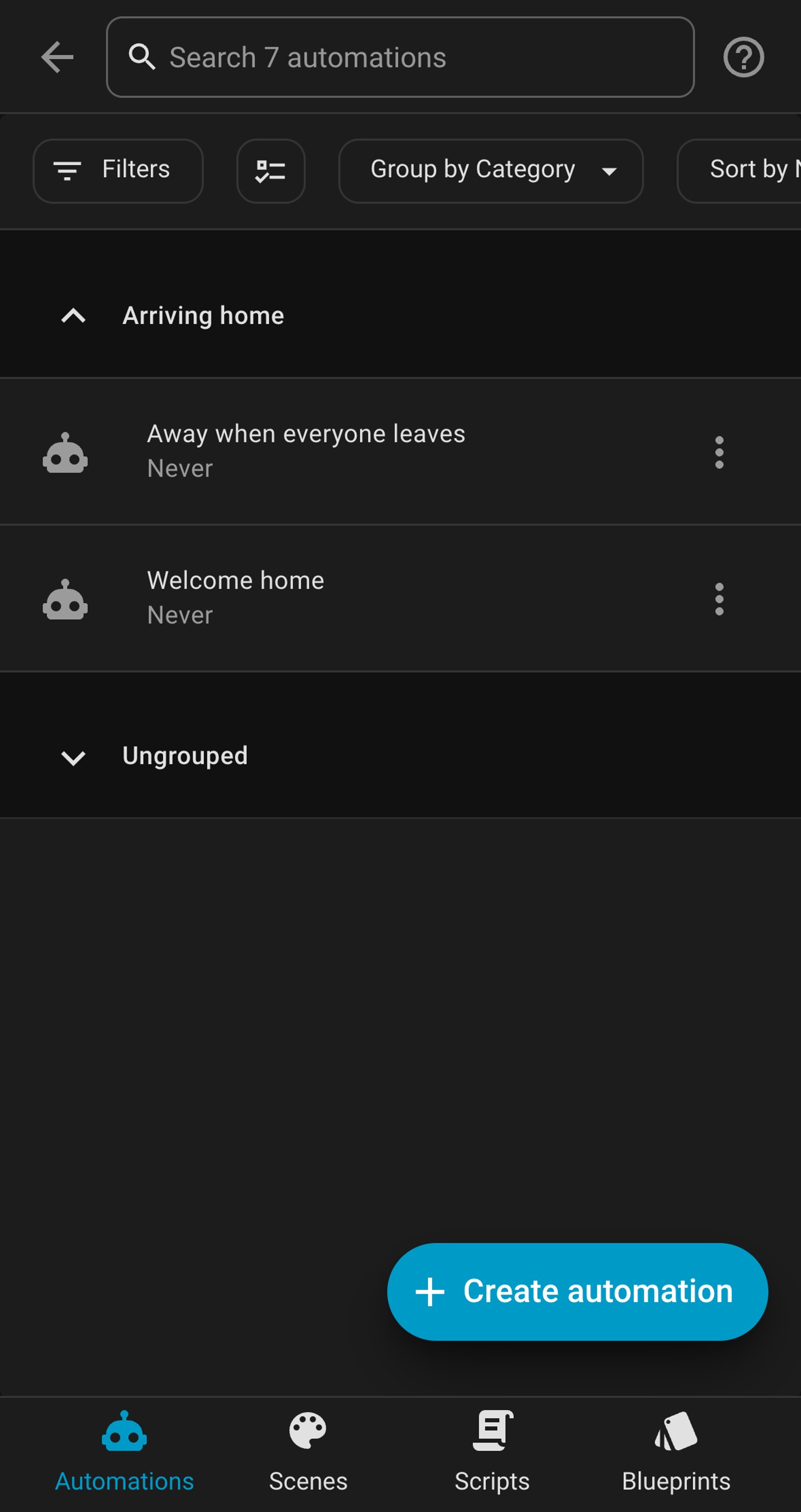 Home Assistant automations list showing Away when everyone leaves and Welcome home in an Arriving home group.