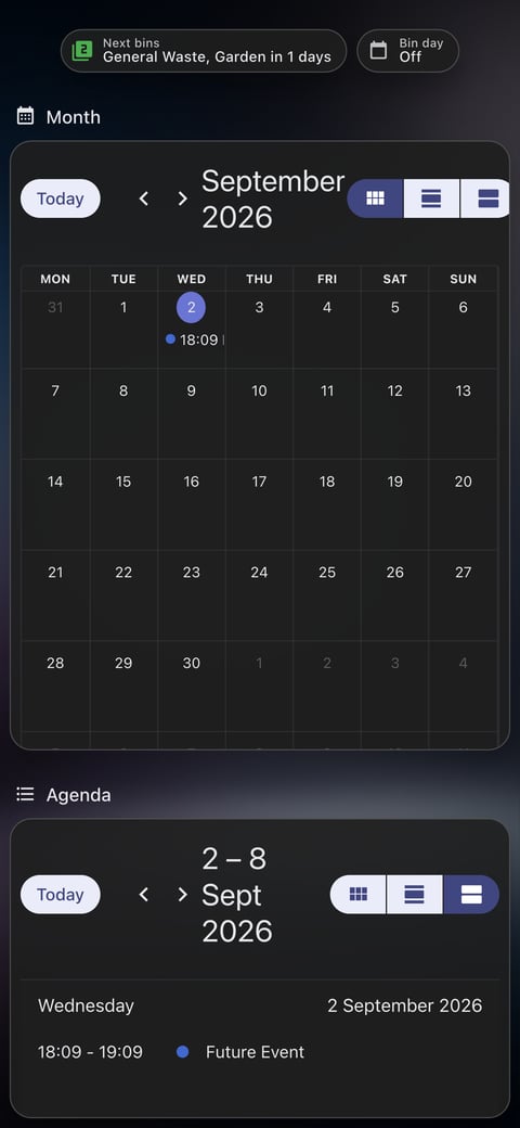 Home Assistant calendar lab dashboard running the Frosted Glass theme (Lite dark), on a phone