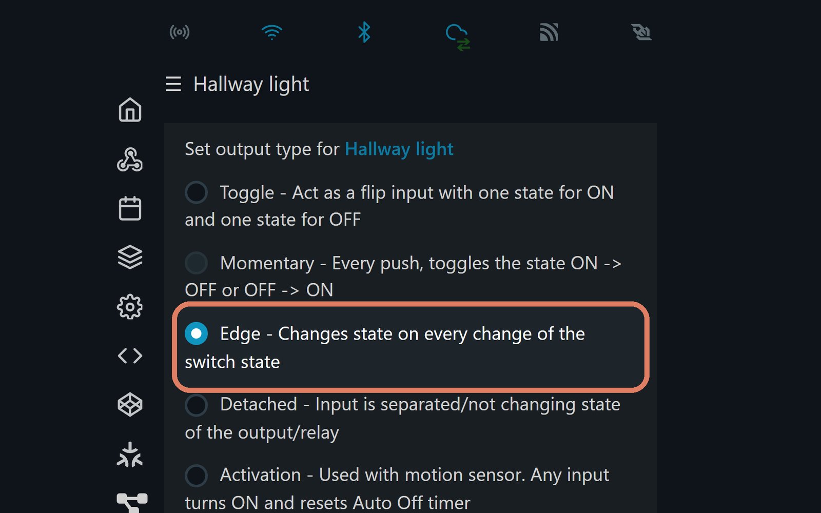 The Shelly web page's Input/Output settings, with the Edge output type picked and marked