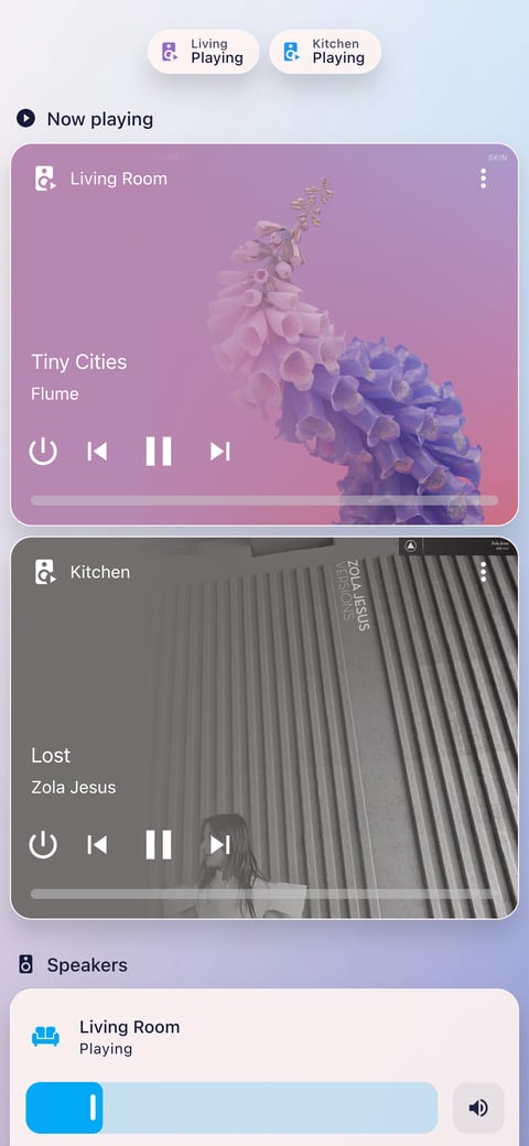 Home Assistant media lab dashboard running the Frosted Glass theme (Lite light), on a phone