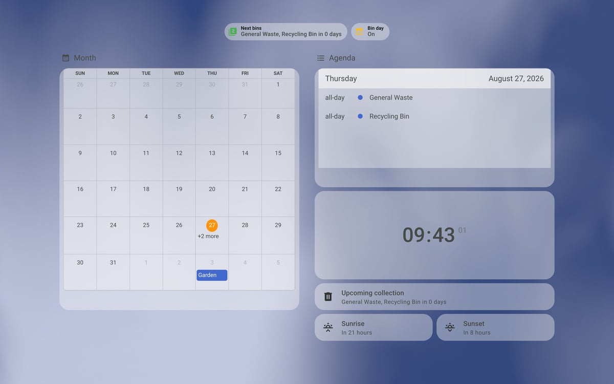 Home Assistant calendar lab dashboard running the iOS Themes theme (Light), on desktop