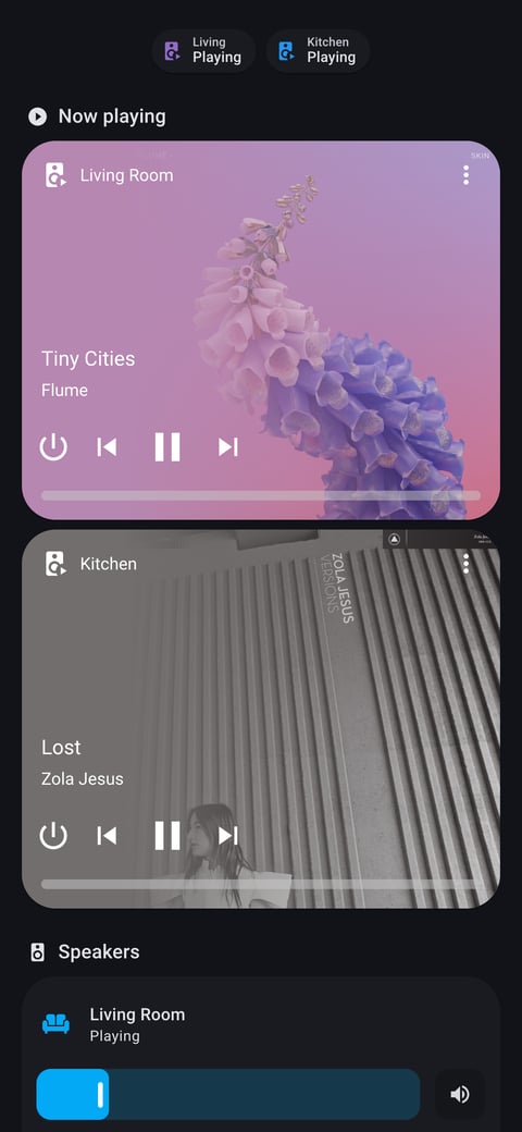 Home Assistant media lab dashboard running the Material You theme (Dark), on a phone