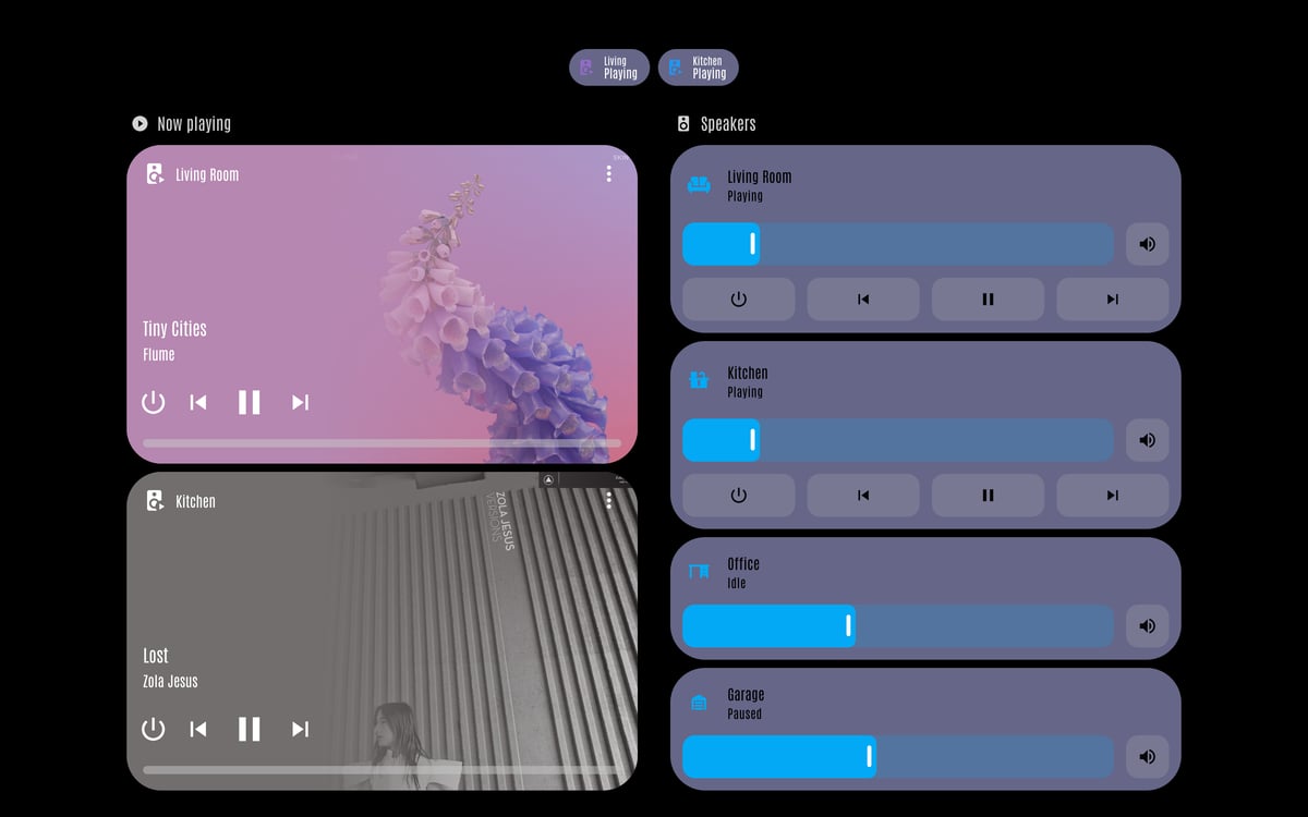 Home Assistant media lab dashboard running the LCARS theme (Default), on desktop