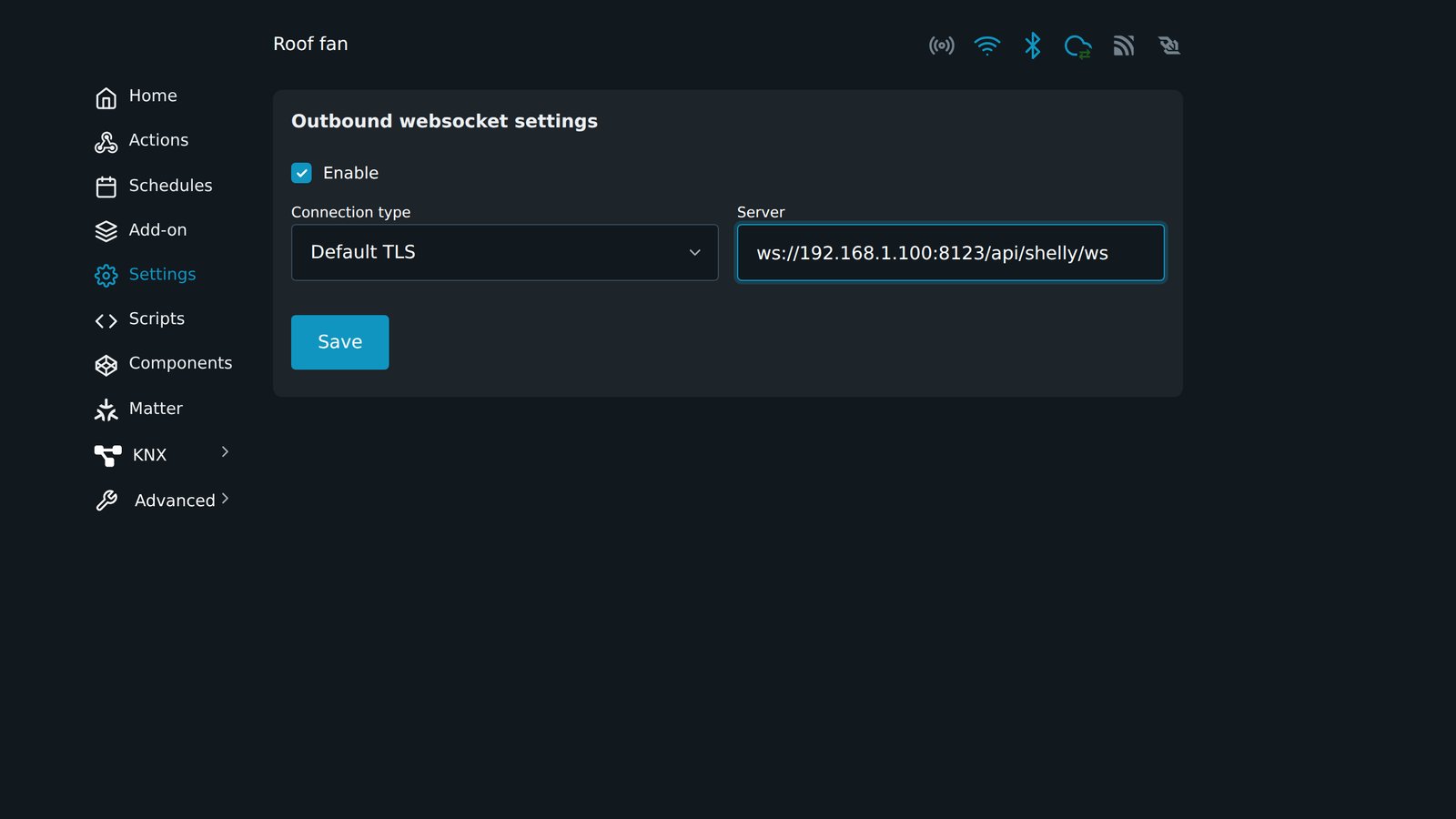 Shelly Gen4 web page Outbound websocket settings with Enable ticked and a Home Assistant WebSocket address as the Server