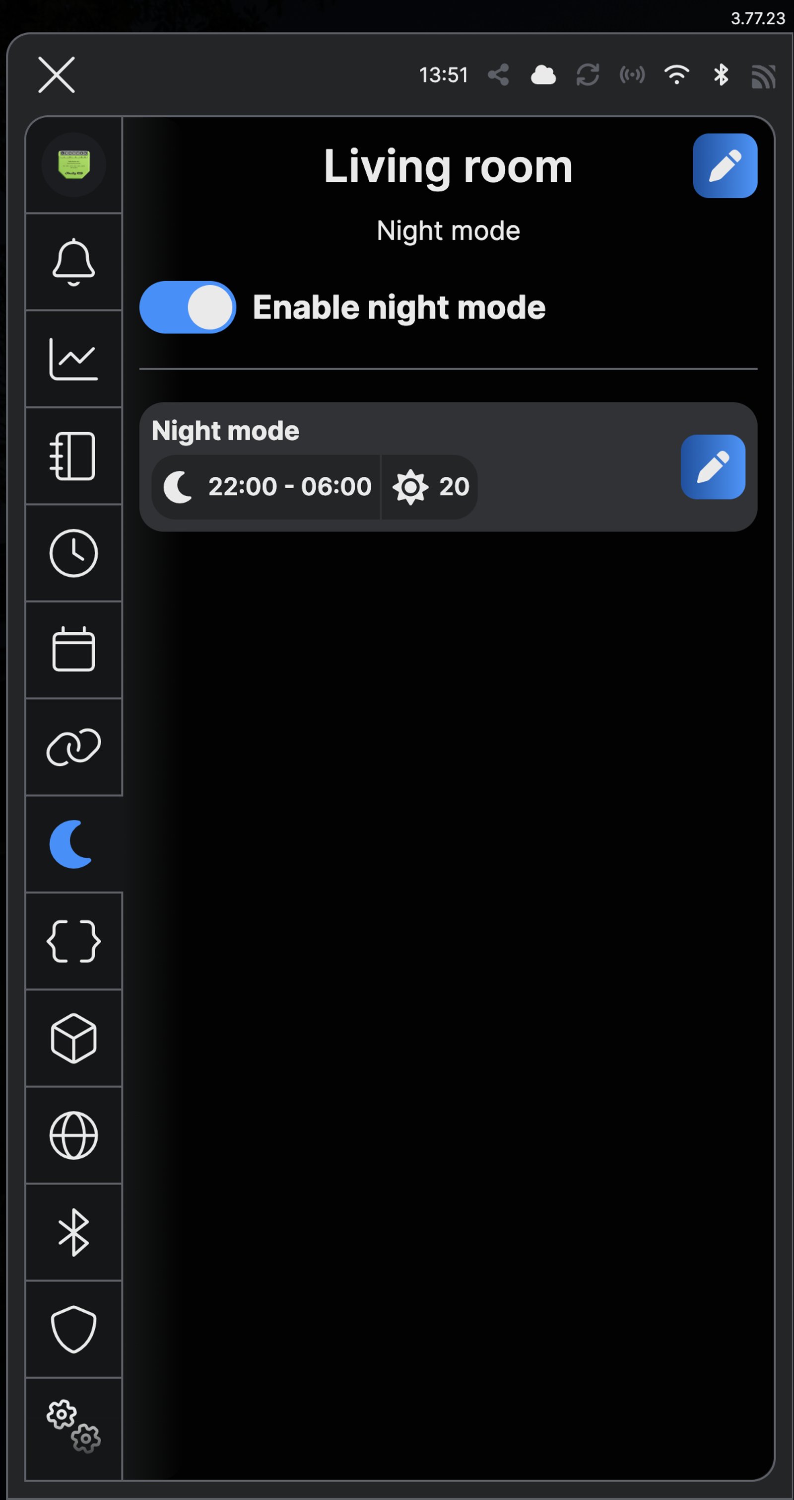 Shelly app night mode screen for Living room, enabled from 22:00 to 06:00 at brightness 20.