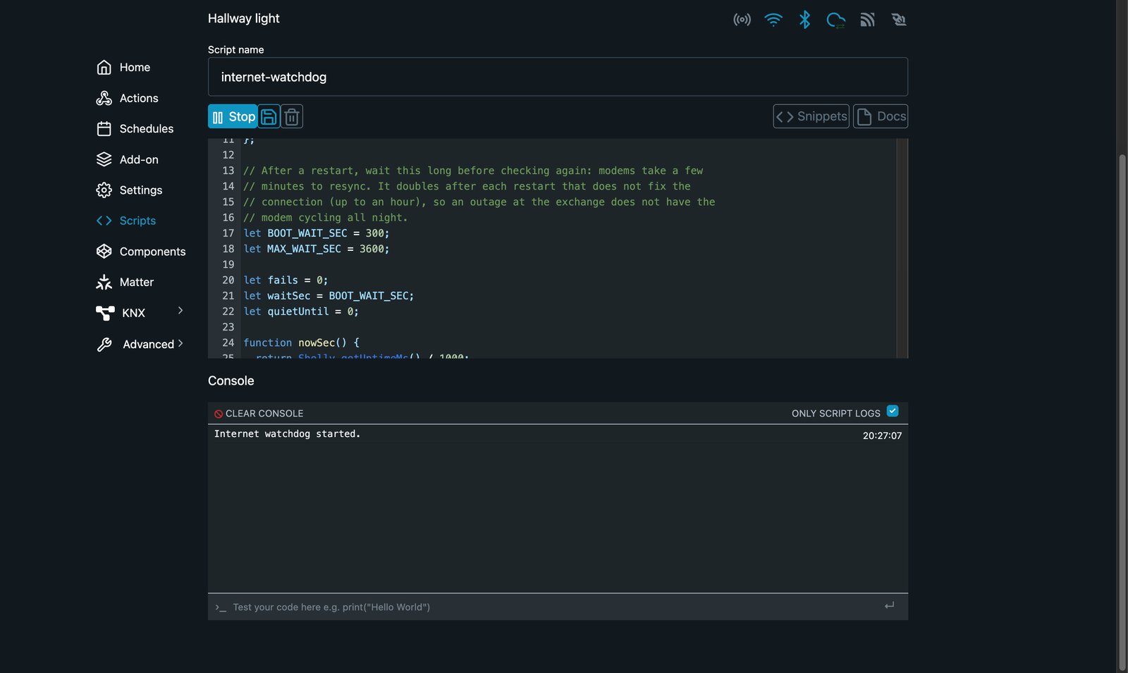 Shelly web interface script editor with the script running and the console printing Internet watchdog started