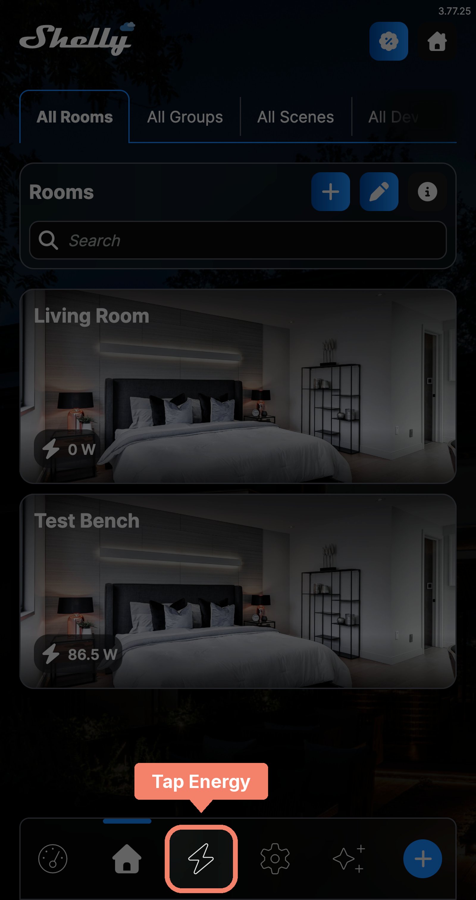 Shelly app Rooms screen, dimmed except the lightning bolt Energy button in the bottom bar, with a Tap Energy label.