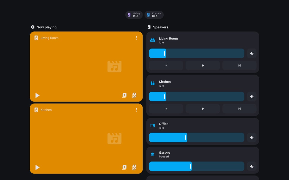 Home Assistant media lab dashboard running the Graphite theme (Dark), on desktop