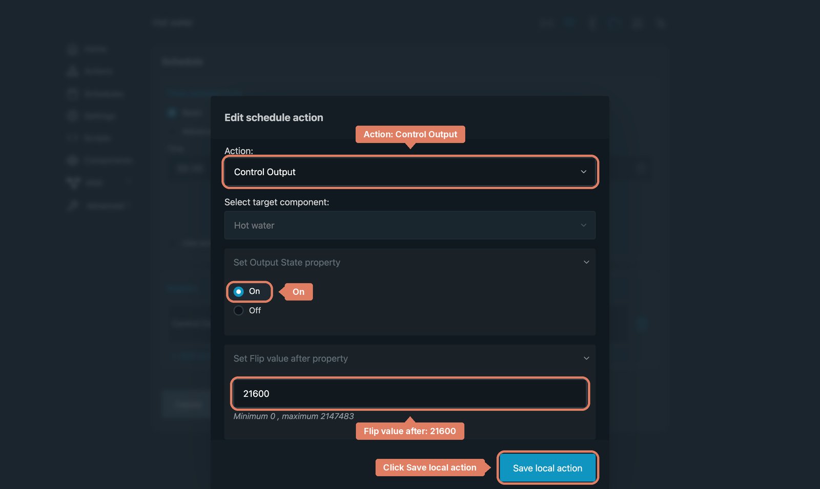Shelly local web interface Edit schedule action dialog: Control Output, On, flip value after 21600, with each setting labelled and Save local action marked.