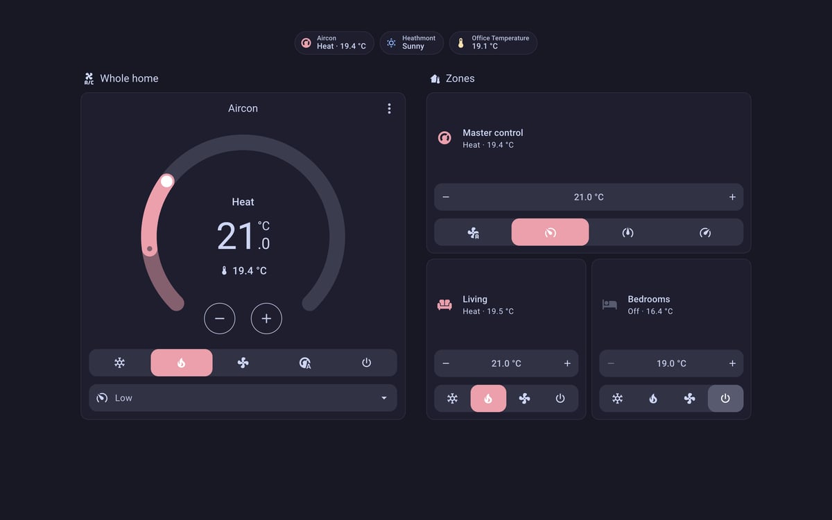 Home Assistant aircon lab dashboard running the Catppuccin theme (Mocha), on desktop