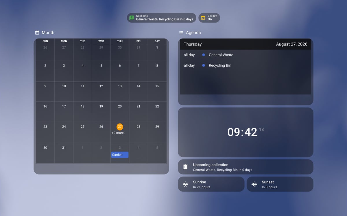 Home Assistant calendar lab dashboard running the iOS Themes theme (Dark), on desktop