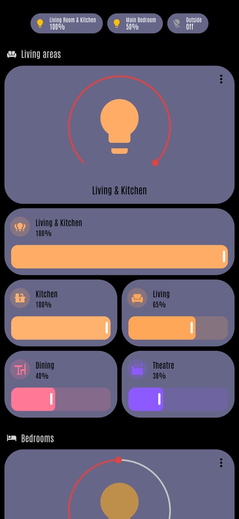 Home Assistant lights lab dashboard running the LCARS theme (Default), on a phone