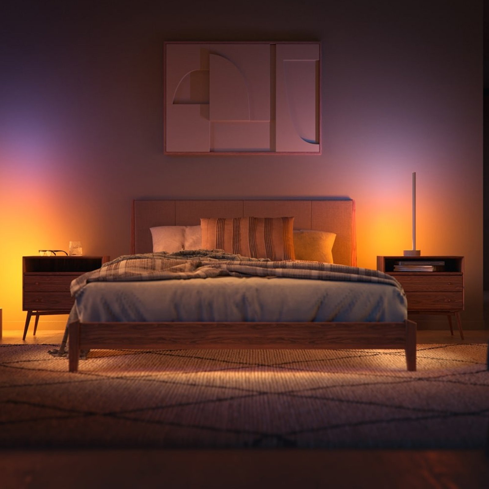 Warm white LED strip used as indirect shelf lighting in a bedroom