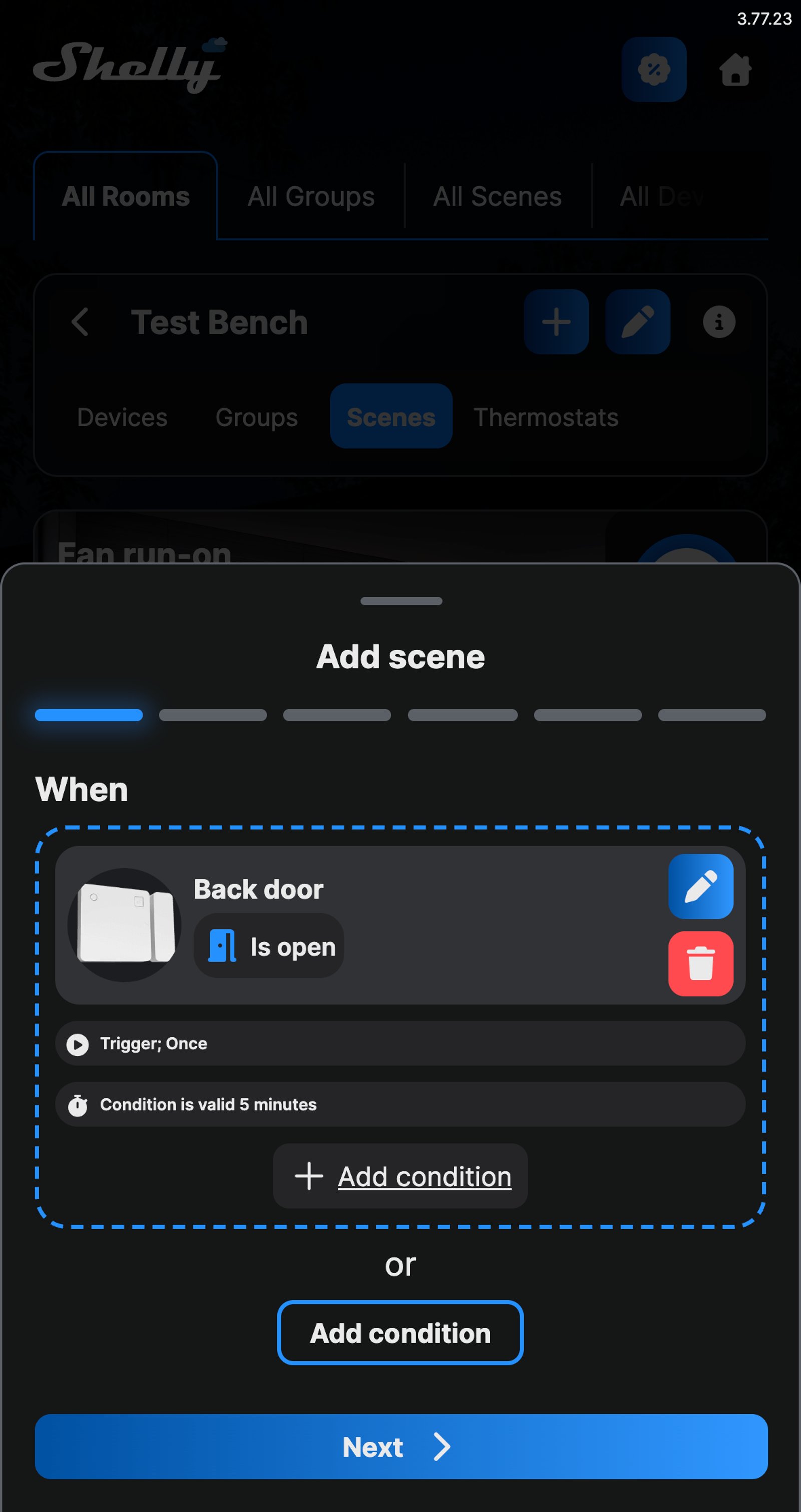 Shelly app scene condition for Back door: is open, trigger once, condition valid for 5 minutes
