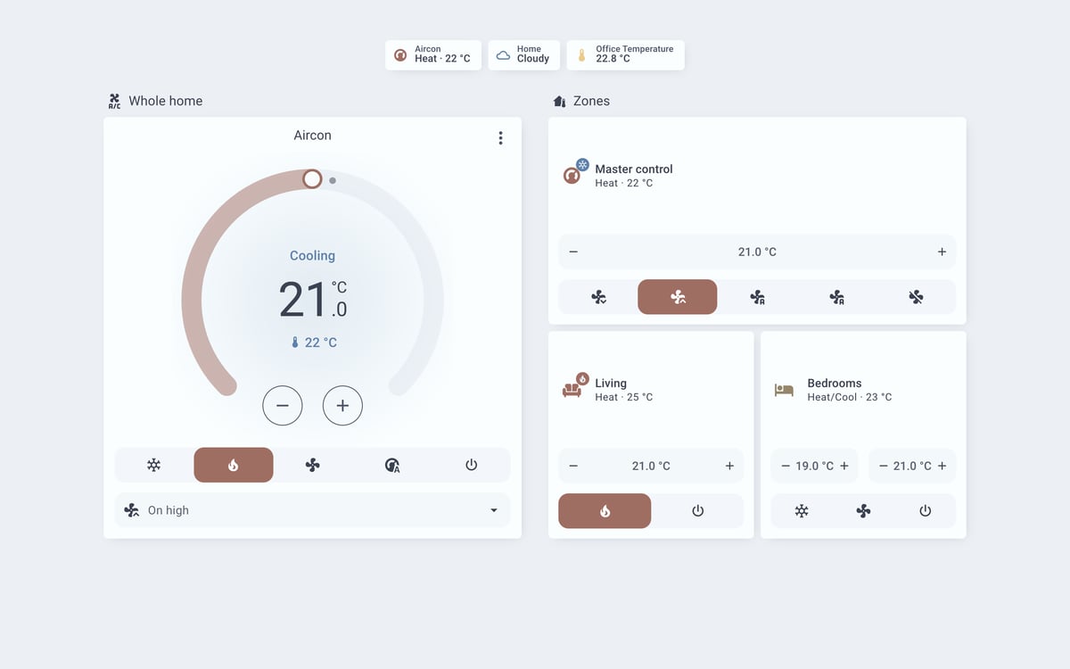 Home Assistant aircon lab dashboard running the Nordic theme (Blue light), on desktop