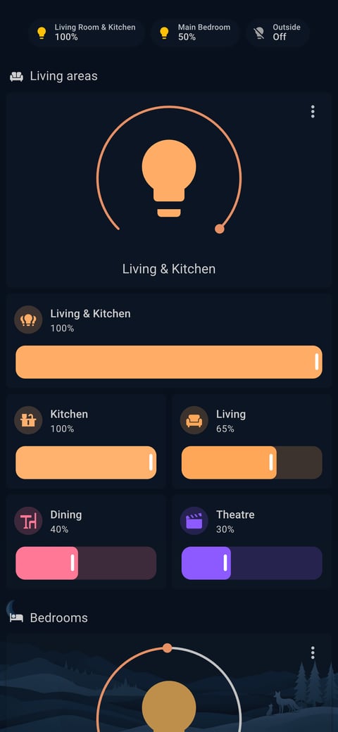 Home Assistant lights lab dashboard running the Simple Dreams theme (Dark), on a phone