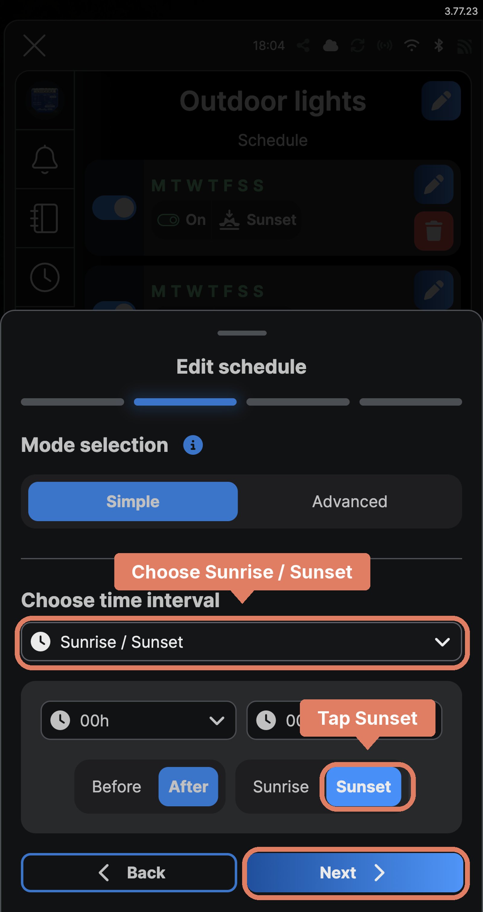 Shelly app Edit schedule screen for a Shelly 1 Gen4 named Outdoor lights, with Sunrise / Sunset chosen and Sunset selected with no offset, and the time interval, Sunset and Next marked.