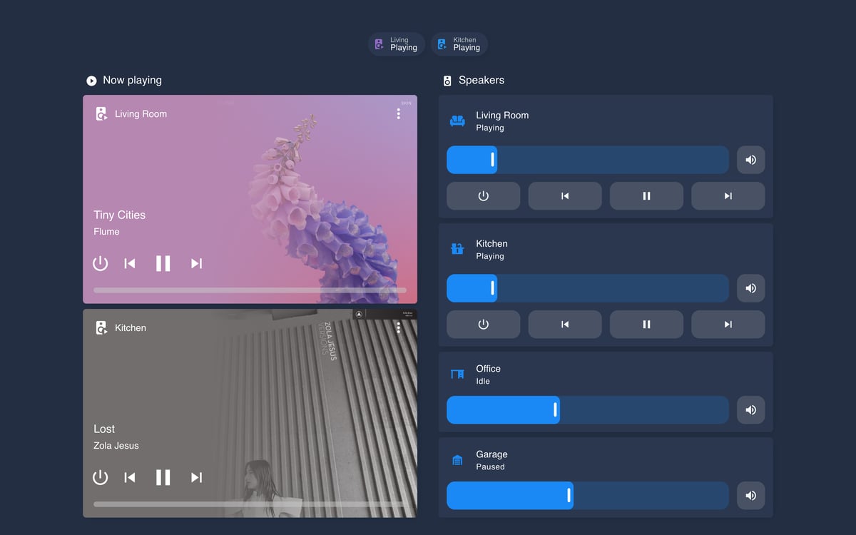 Home Assistant media lab dashboard running the Noctis theme (Dark), on desktop