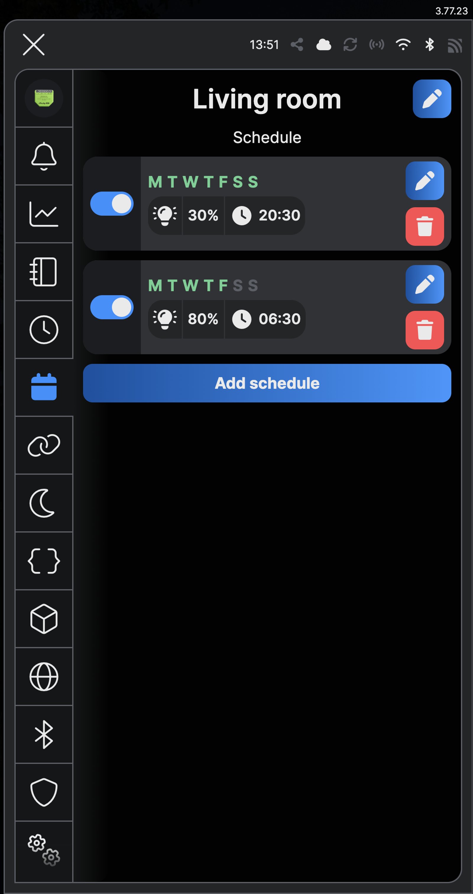 Shelly app schedule list for Living room: every day at 20:30 to 30%, and Monday to Friday at 06:30 to 80%.