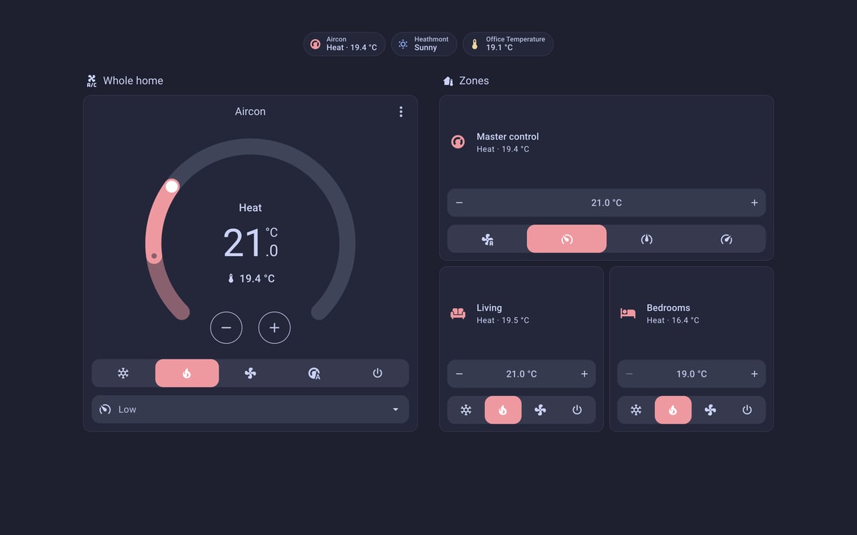 Home Assistant aircon lab dashboard running the Catppuccin theme (Macchiato), on desktop