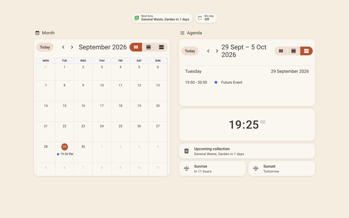 Home Assistant calendar lab dashboard running the Warm Burnout theme (Light), on desktop