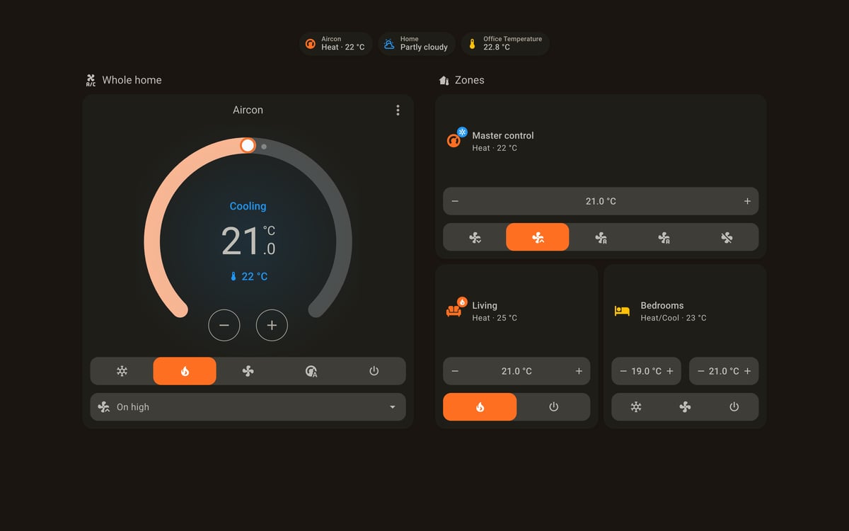 Home Assistant aircon lab dashboard running the Warm Burnout theme (Dark), on desktop