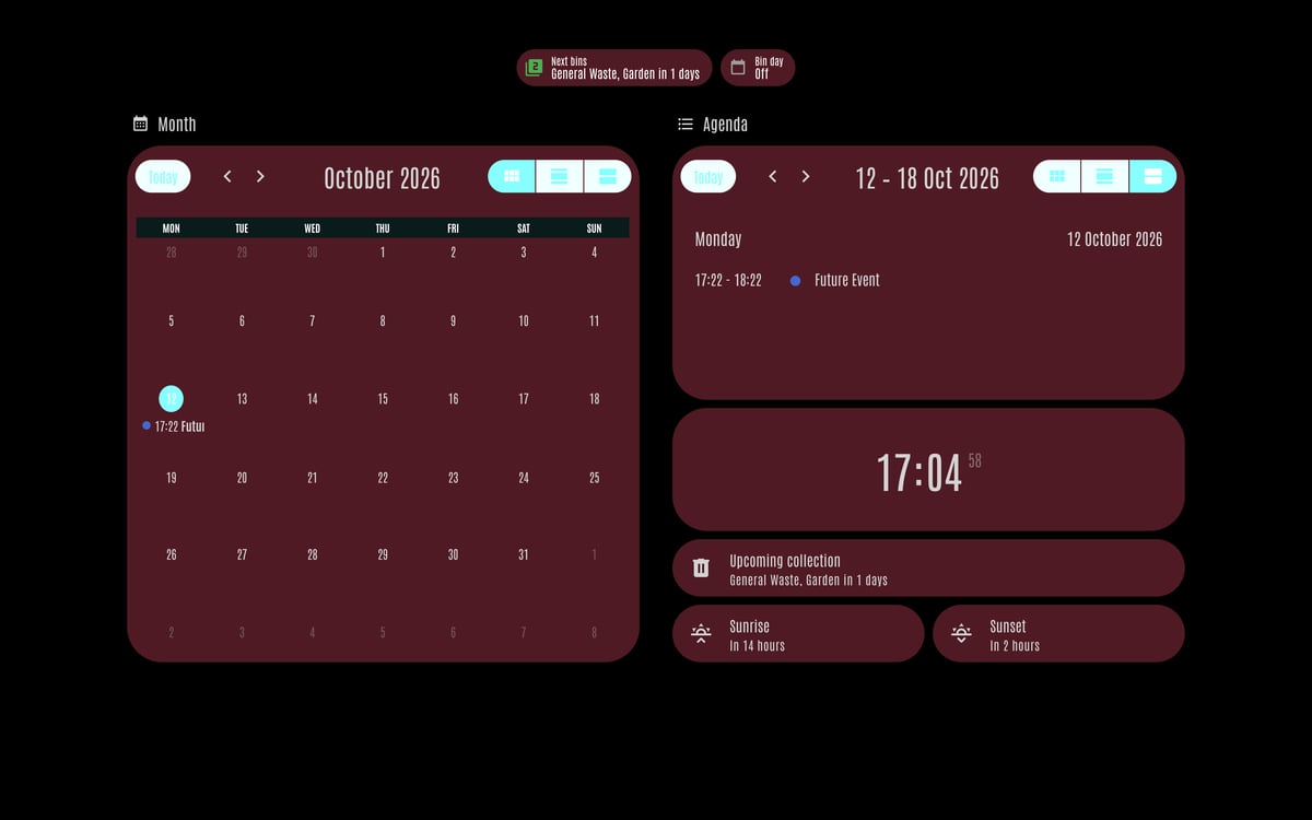 Home Assistant calendar lab dashboard running the LCARS theme (Cardassia), on desktop