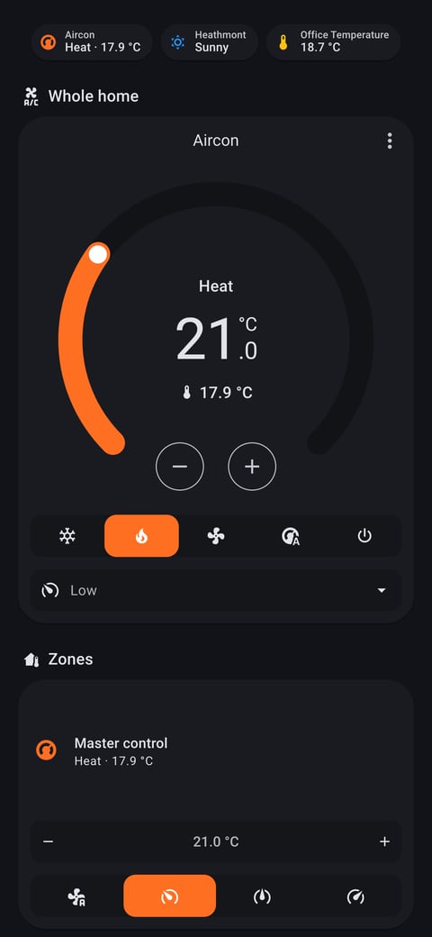 Home Assistant aircon lab dashboard running the Material You theme (Dark), on a phone