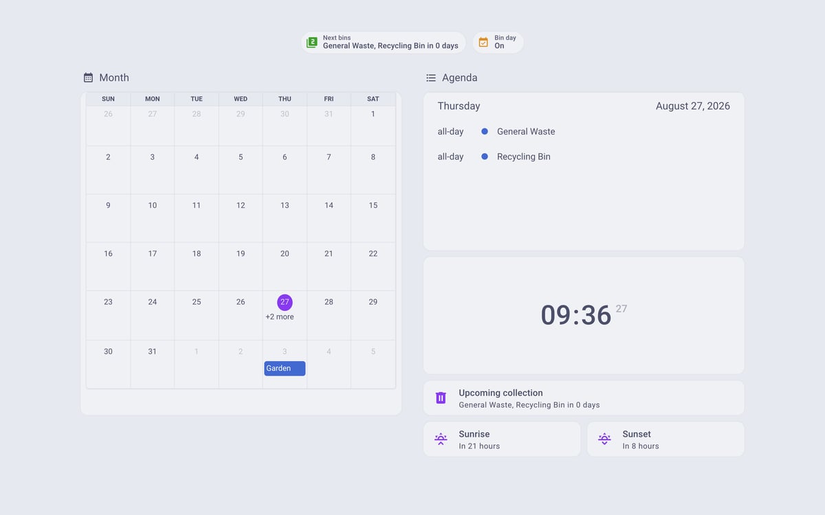 Home Assistant calendar lab dashboard running the Catppuccin theme (Latte), on desktop